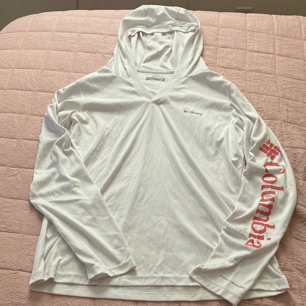 Columbia White Pullover with Pink Sleeve Logo
